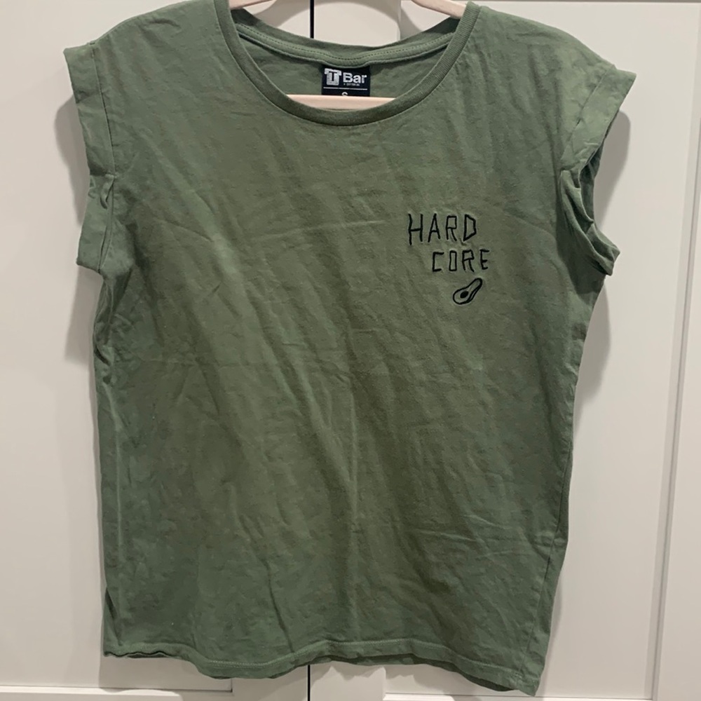 “Hard Core” Avocado Semi Distressed Tee